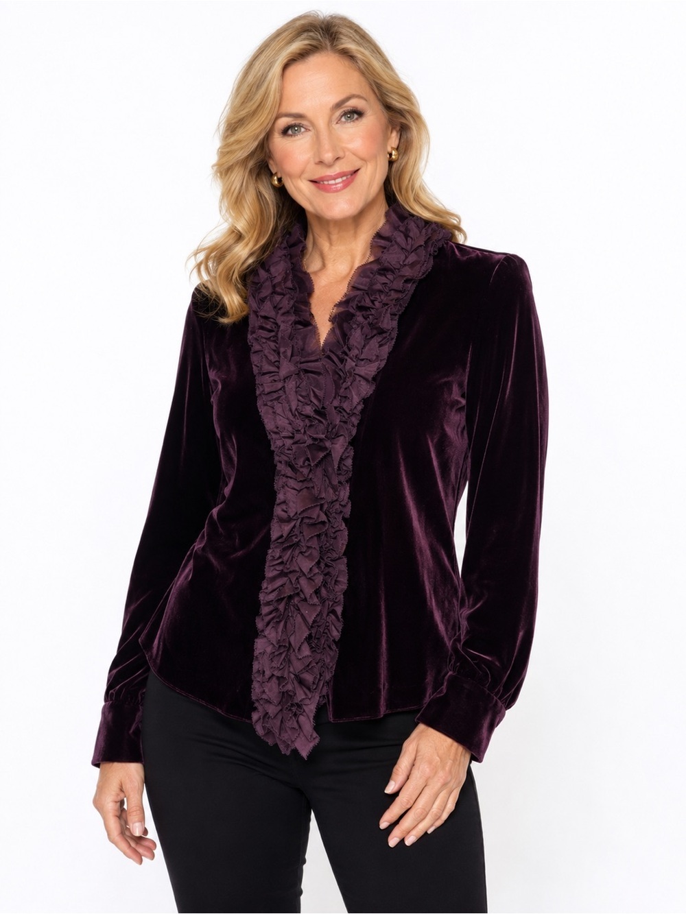 Vintage Ralph Lauren Deep Plum Velvet Ruffle-Collar Button Blouse 10P